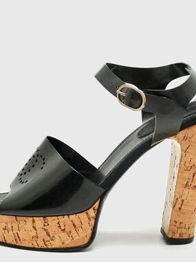 Authentic Chanel CC Black Jelly Cork Platform Sandals Ankle Strap 42/10.5 US